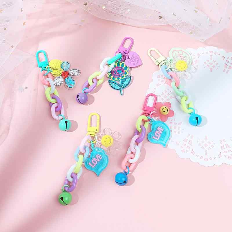 アクセサリー キッズ 子供用 キーホルダー 日韓風 マカロンカラー アクリル カラフル 鈴 ベル スマホストラップ バッグチャーム 紛失防止 落下防止(x2)