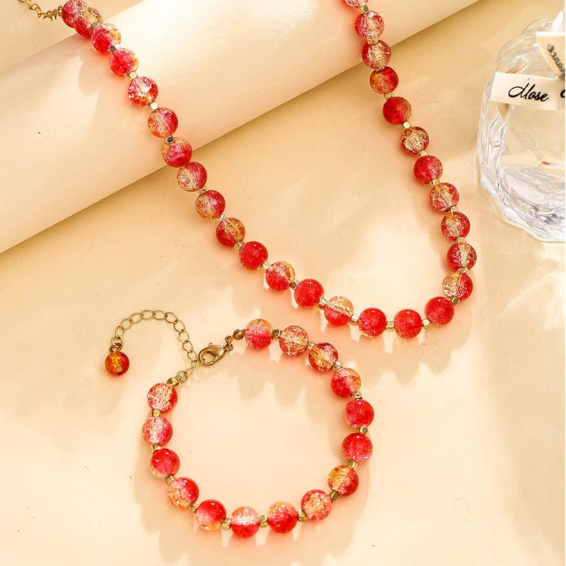ネックレス レディース レッド 瑠璃 ハンドメイド ビーズ 高級感 ライトラグジュアリー 上品 エレガント ブレスレット 2点セット ファッション 通勤 合金製 電気メッキ加工 質感 普段使い(x2)