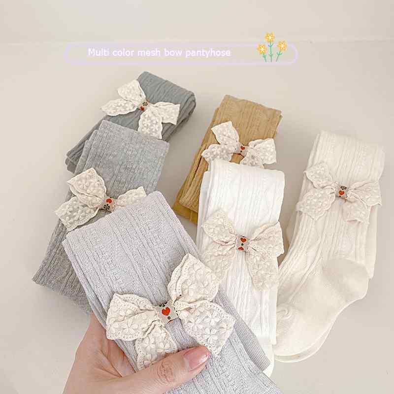 タイツ キッズ 女の子 春夏 ウェーブ ベージュ リボン コットン 綿素材 オープンクロッチ 普段使い お..