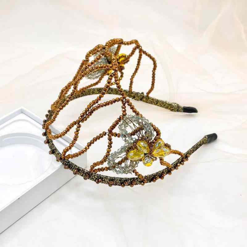 ヘアアクセサリー レディース ハンドメイド クリスタル カチューシャ 高級感 エレガント 幅広 両側フラ..