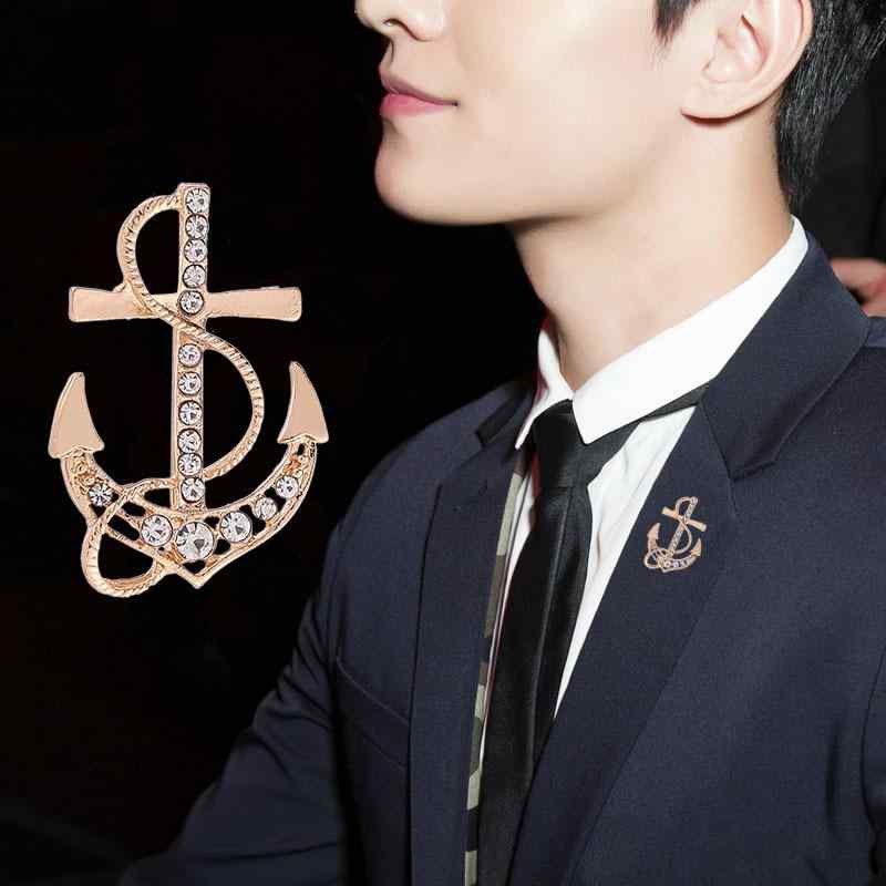 ブローチ メンズ イカリ アンカー マリン風 ジルコニア装飾 シンプル 上品 高級感 合金製 ゴールド シ..