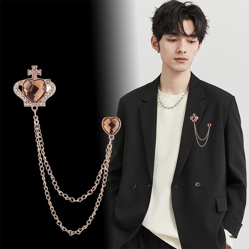 ブローチ 男女兼用 メンズ レディース クラウン クロス ハート ラインストーン ジルコニア チェーン フ..