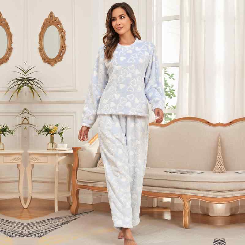 パジャマ レディース カットフラワー ハート柄 肌に優しい 柔らかな フランネル 長袖 ロングパンツ プ..