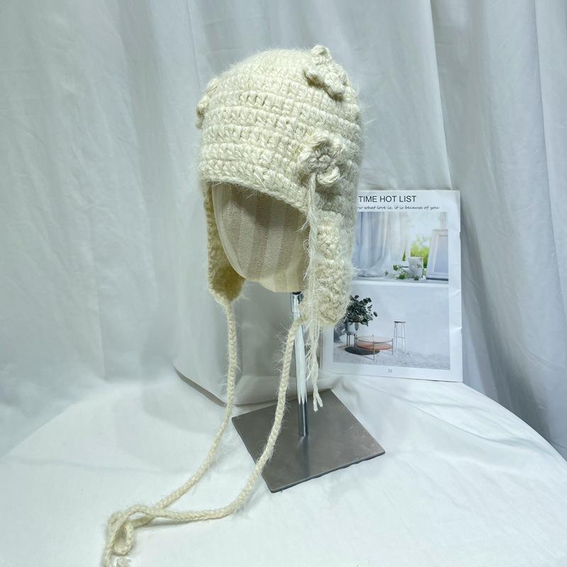 ニット帽 レディース 秋冬 韓国風 かわいい 立体フラワーモチーフ 手編み アクリル 耳当て付き イヤー..