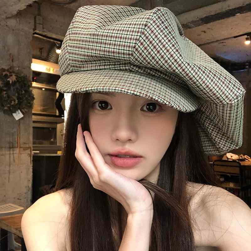 帽子 レディース レトロ ヴィンテージ チェック柄 ベレー帽 キャスケット ニュースボーイキャップ バケットハット 丸みのある 韓国風 春夏 小顔効果 ポリエステル 通気性 日よけ 普段使い お出かけ(x2)(4)