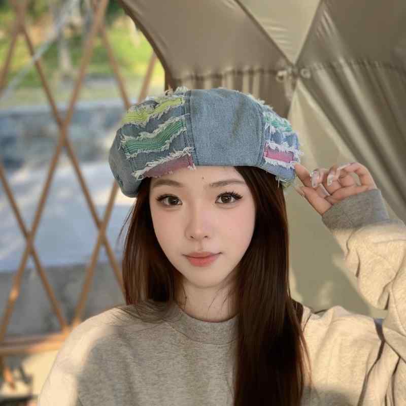 ベレー帽 レディース デニム コットン ウォッシュ加工 フリンジ 切りっぱなし 画家...
