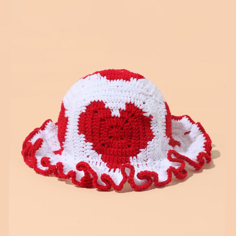 バケットハット レディース 女性用 手編み かぎ針編み 切り替え 花柄 フリル プリーツ 秋冬 保温 防寒 短いつば レッドカラー カジュアル おしゃれ 小顔効果(x2)