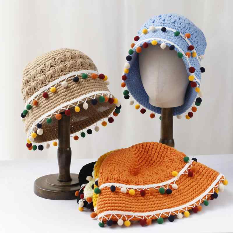 ニットバケットハット レディース カラフル ポンポン付き 秋冬 暖か 防寒 エスニック調 旅行 お出かけ ..