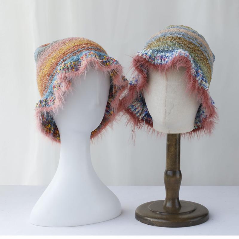 ニット バケットハット レディース 女性用 秋冬 レトロ ヴィンテージ 油絵風 虹色 ストライプ フリル ..
