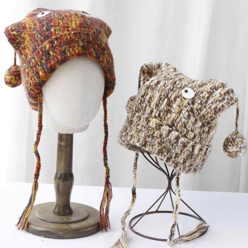 ニット帽 レディース 女性用 秋冬 レトロ マルチカラー ミックスカラー フリンジ タッセル 防寒 保温 耳あて付き 手編み ハンドメイド あったか 普段使い カジュアルスタイル ふわふわ モコモコ ビーニー おしゃれ 個性的 コットン 綿混紡(x2)(4)