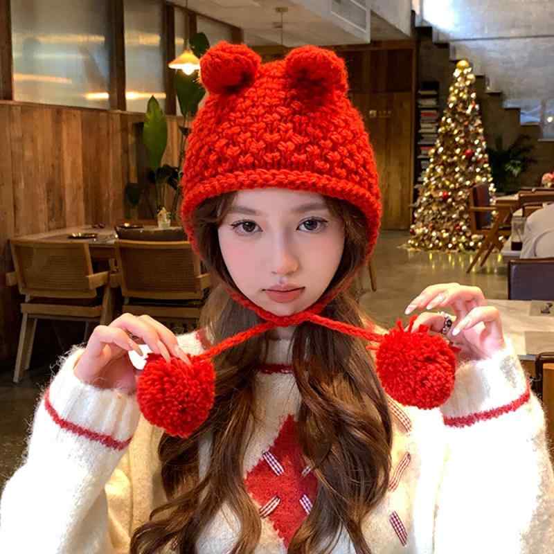 ニット帽 キッズ 子供用 かわいい 手編み風 ウサギ耳 耳当て イヤーフラップ 防寒 防風 保温 あったか アクリル 毛糸の帽子 秋冬(x2)