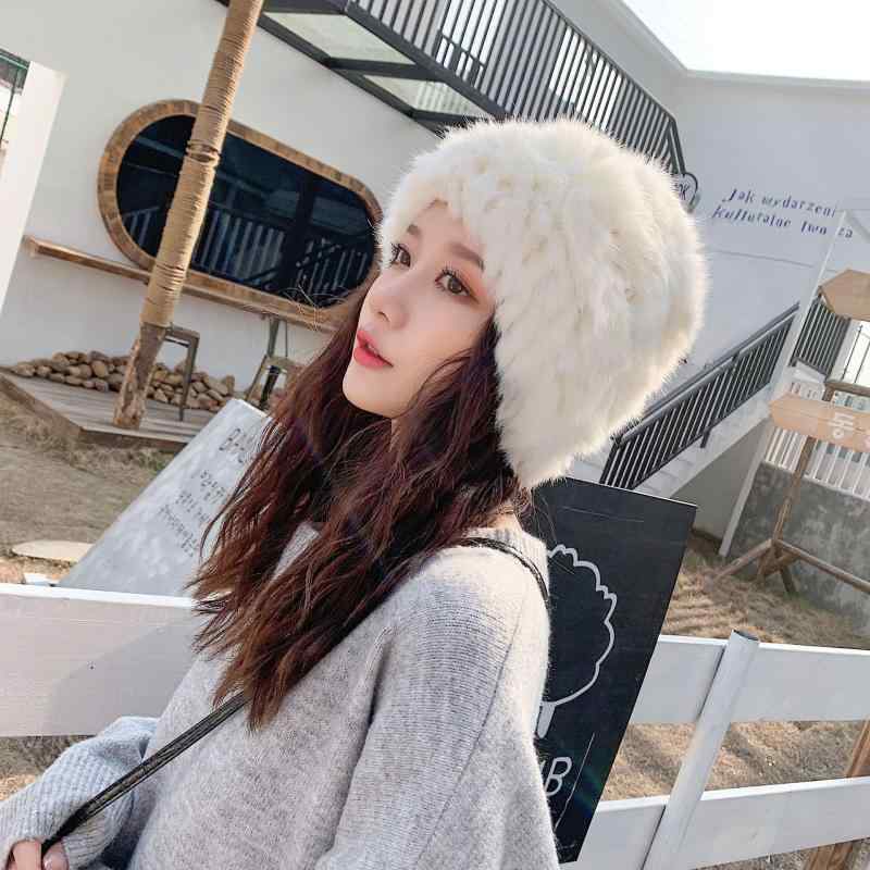 帽子 レディース ラビットファー 一体型 ふわふわ 厚手 防寒 保温 防風 ニット帽 ニットキャップ ター..