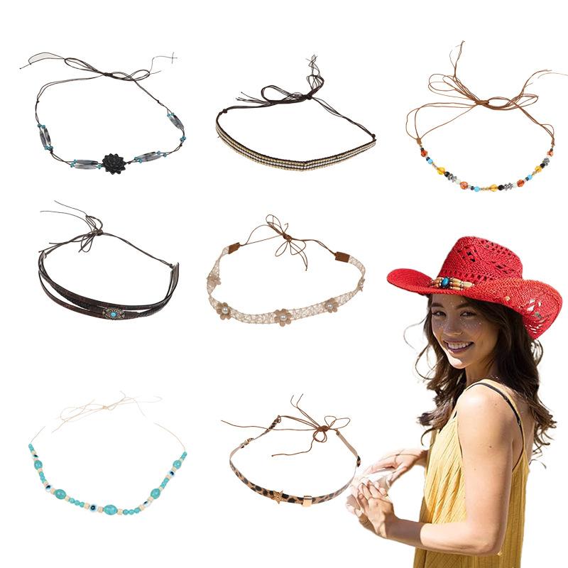 ハットバンド ユニセックス オリジナルデザイン 手編み 民族風 エスニック レザーコード ロープベルト ..