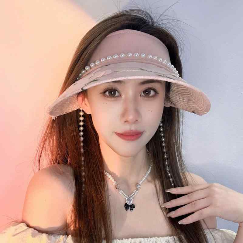 サンバイザー レディース フレンチスタイル パール チェーン飾り 上品 エレガント つば広 韓国風 かわいい 春夏 旅行 ビーチ リゾート UVカット 日焼け防止 ストロー素材 サイズ調整可能(x2)(4)
