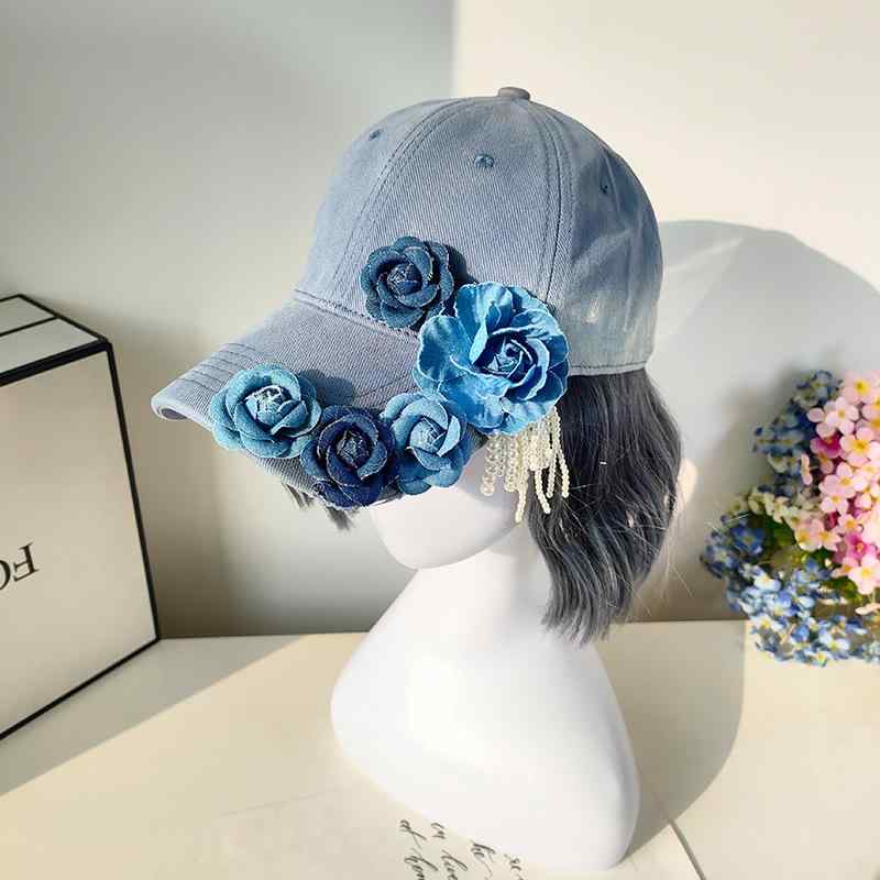 キャップ レディース つば付き オリジナルデザイン おしゃれ かわいい 上品 カジュアル ウォッシュ加工 グラデーション デニムブルー 立体フラワー コットン UVカット 日よけ 春夏(x2)
