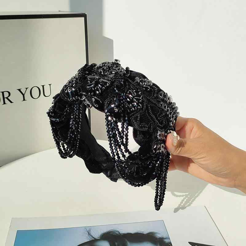 カチューシャ レディース レトロ アンティーク 凝った細工 手作り ビーズ クリスタル ラインストーン タッセル フリンジ 幅広 ワイド ヘッドバンド エレガント 優雅 上品 華やか ブラック パーティー 結婚式 二次会 お呼ばれ 発表会 普段使い(x2)
