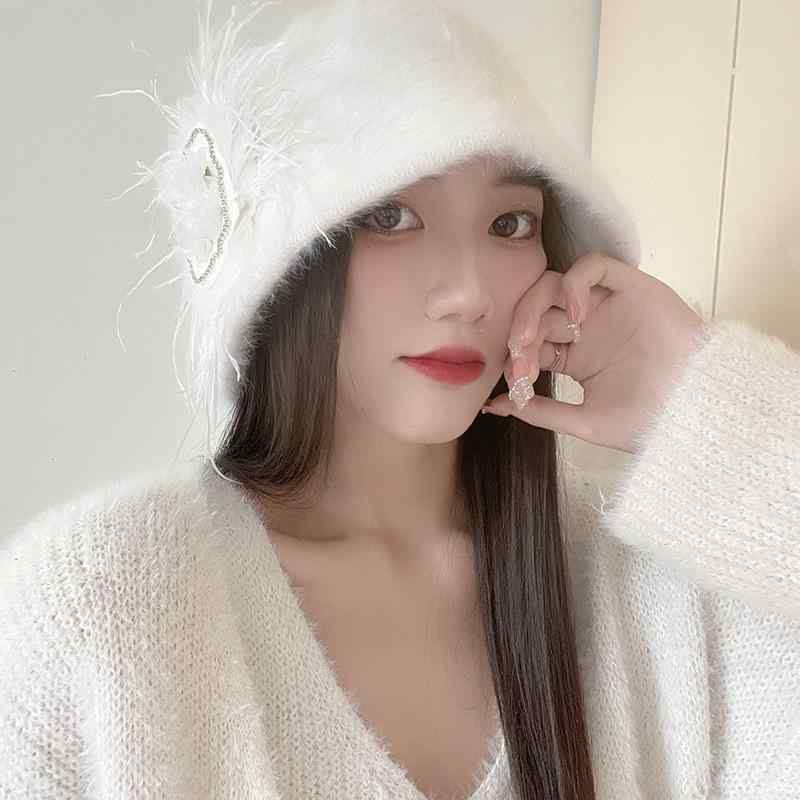 帽子 レディース 大人可愛い ホワイト ラビットファー うさぎ毛 バケットハット 秋冬 厚手 保温 防寒 防風 オーストリッチフェザー ダチョウの羽 花 ハート(x2)(4)