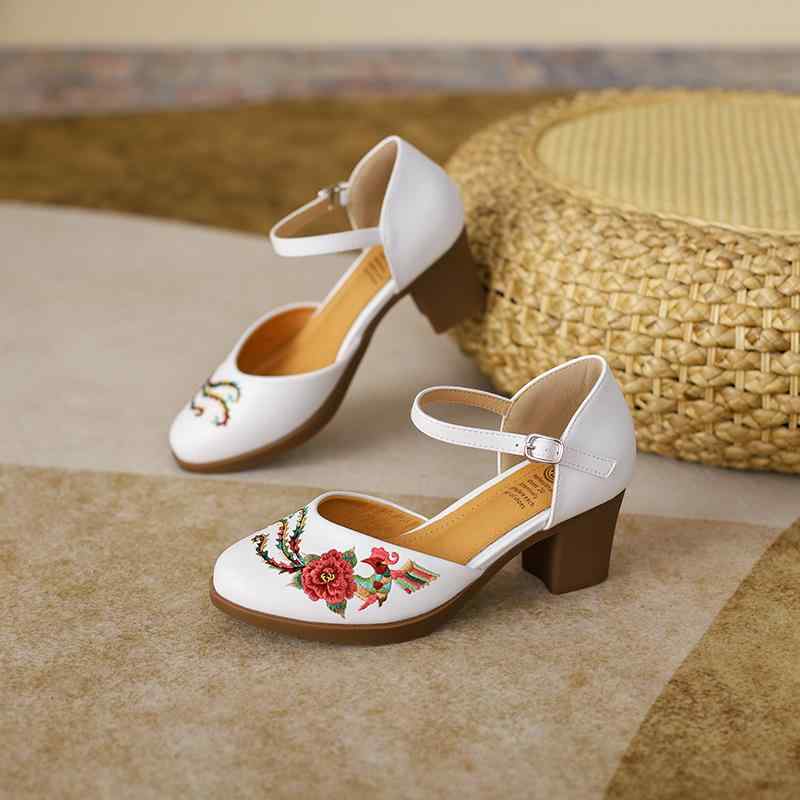 サンダル 女性用 民族風 鳳凰刺しゅう 本革 太ヒール ハイヒール 浅口 ラウンドトゥ バックル 豚革イン..