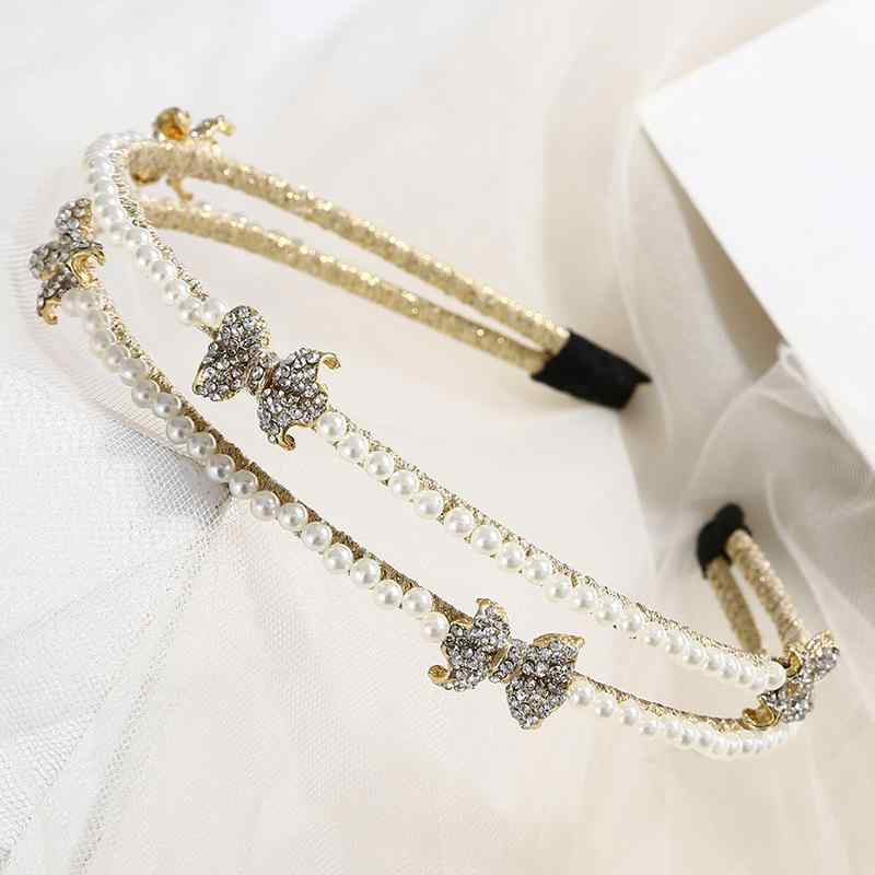 カチューシャ レディース 女性用 韓国風 シンプル 合金 パール パール ジルコニア ラインストーン ダブルリボン 蝶結び レトロ アンティーク調 エレガント 上品 ブライダル 結婚式 ゴールド 金色 ヘアバンド(x2)
