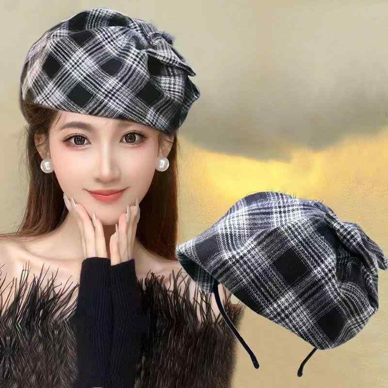 ヘッドドレス レディース フレンチ レトロ チェック柄 秋冬 カチューシャ ヘアバンド 白髪隠し ミニハット トーク帽 ファシネーター パーティー 結婚式 フォーマル お呼ばれ 髪飾り ヘアアクセサリー(x2)