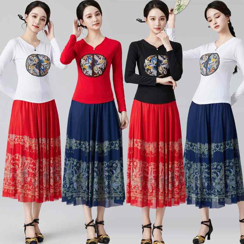 ダンスウェア レディース 女性用 民族舞踊 衣装 セットアップ 長袖 刺繡 中国風 チャイナ風 フレアスカート 発表会 舞台 演出 レッスン着 綿混素材