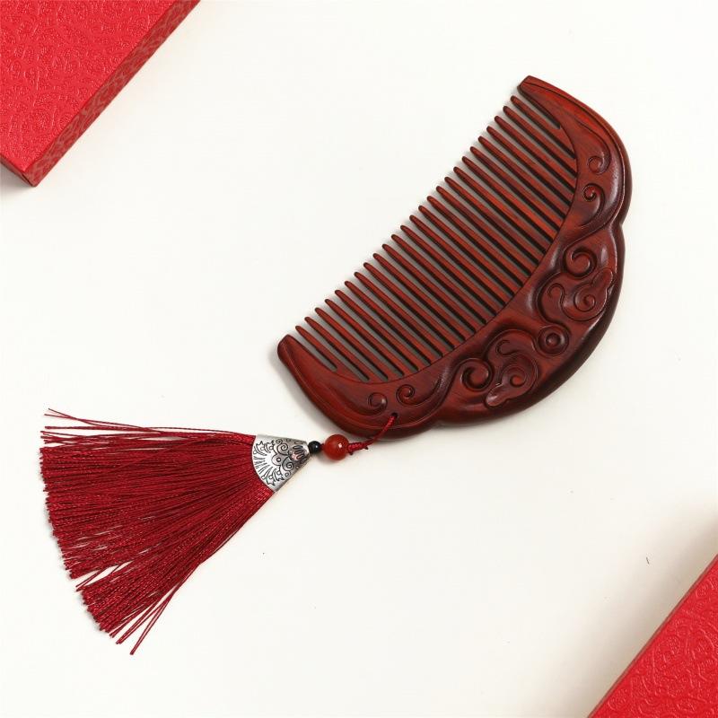 櫛 紫檀木製 天然木 雲海 雲如意彫刻 手彫り 高級感 美髪 頭皮ケア ヘアブラシ 工芸品 コレクション 贈..