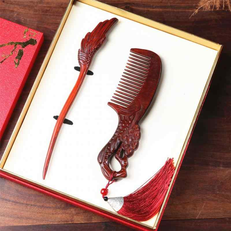 ギフトセット レディース 紫檀木製 高級感 和風 ヘアコーム かんざし 松と鶴 長寿祈願 誕生日プレゼン..