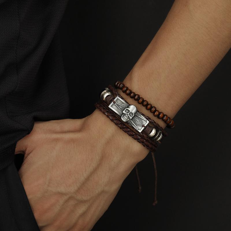 ブレスレット 男女兼用 牛革 レザー 麻紐 編み込み スカル ドクロモチーフ レトロ シンプル パンク 3点セット カジュアル 普段使い ペアアクセサリー おしゃれ 個性的 アンティーク調