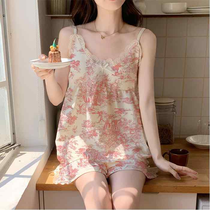 樂天商城 - ルームウェア レディース 夏 カップ付き キャミソール ショートパンツ セットアップ 上下セット 薄手 外着 ワンマイルウェア チャイナ風 かわいい フェミニン パジャマ 寝巻き ポリエステル