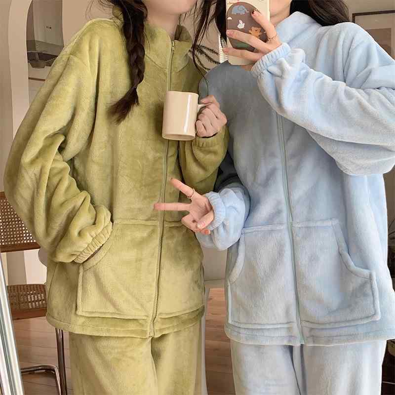 パジャマ レディース 女性用 サンゴフリース フランネル ポリエステル素材 厚手 あったか 保温 秋冬 快適 睡眠 ルームウェア 部屋着 ファスナー セットアップ 高級感 カジュアル 普段使い トラベル ラウンドネック 長袖 ロングパンツ