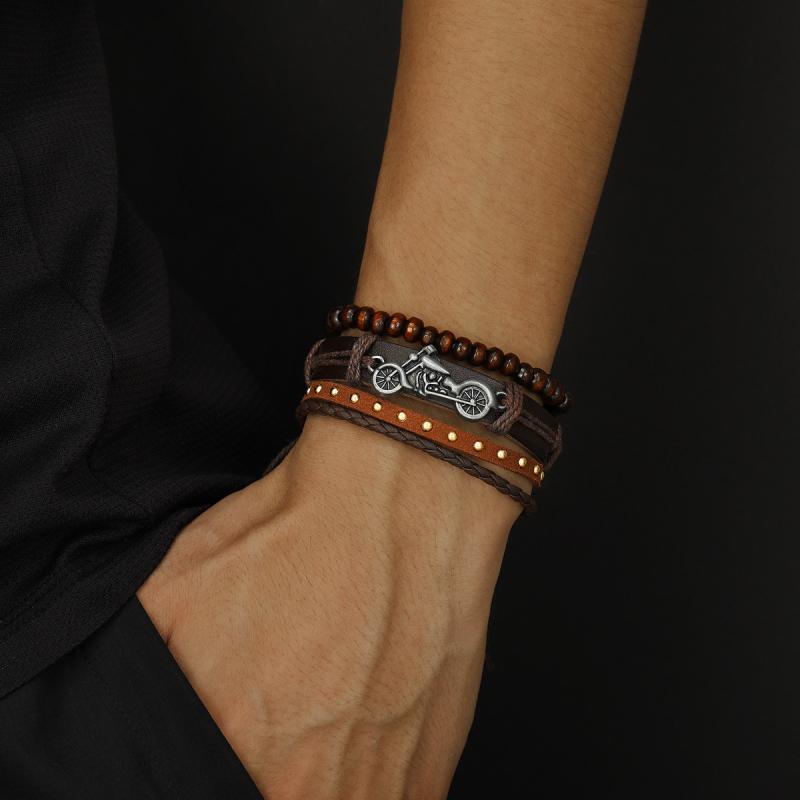 ブレスレット メンズ 男性用 パンク ロック バイカースタイル レザー 革 合金製 3点セット 重ね付け 個性的 おしゃれ かっこいい クール ストリート デイリーユース