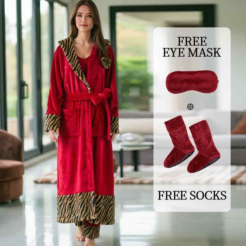 ローブ レディース 秋冬 高級感 ヒョウ柄 5点セット フランネル ポリエステル 前開き 羽織り ベルト付..