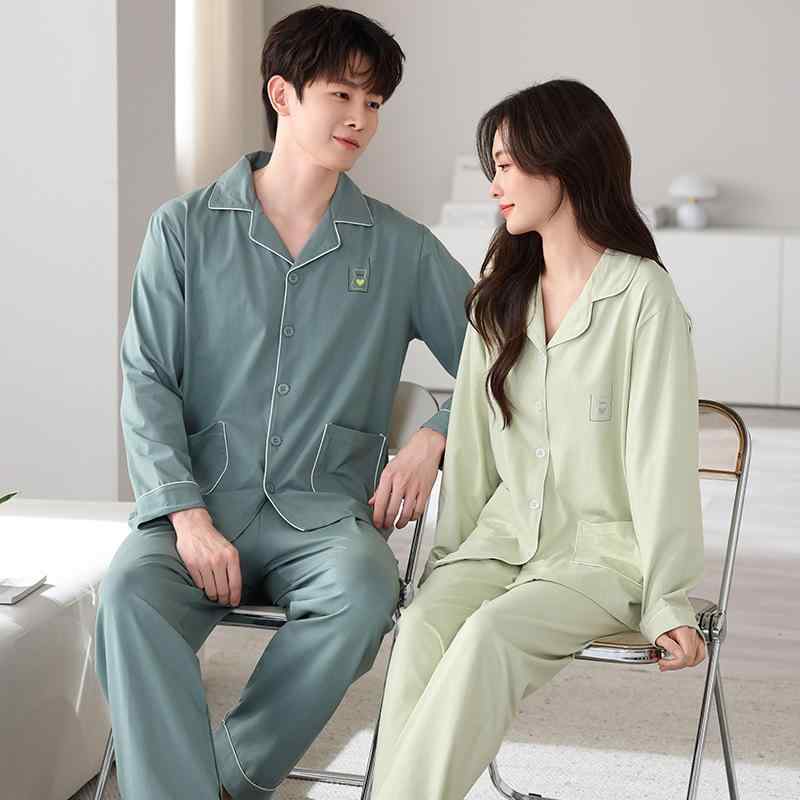 パジャマ ペア カップル レディース メンズ 男性用 綿 コットン 長袖 無地 シンプル ゆったり ルーズフ..