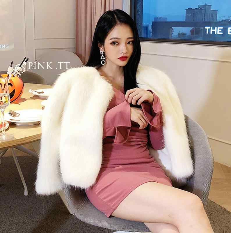 コート レディース 秋冬 フェイクミンクファー ショート丈 アウター ファッション 保温 防寒 韓国風 スタイルアップ 上品 通勤 丸首 長袖 ホワイト(4)