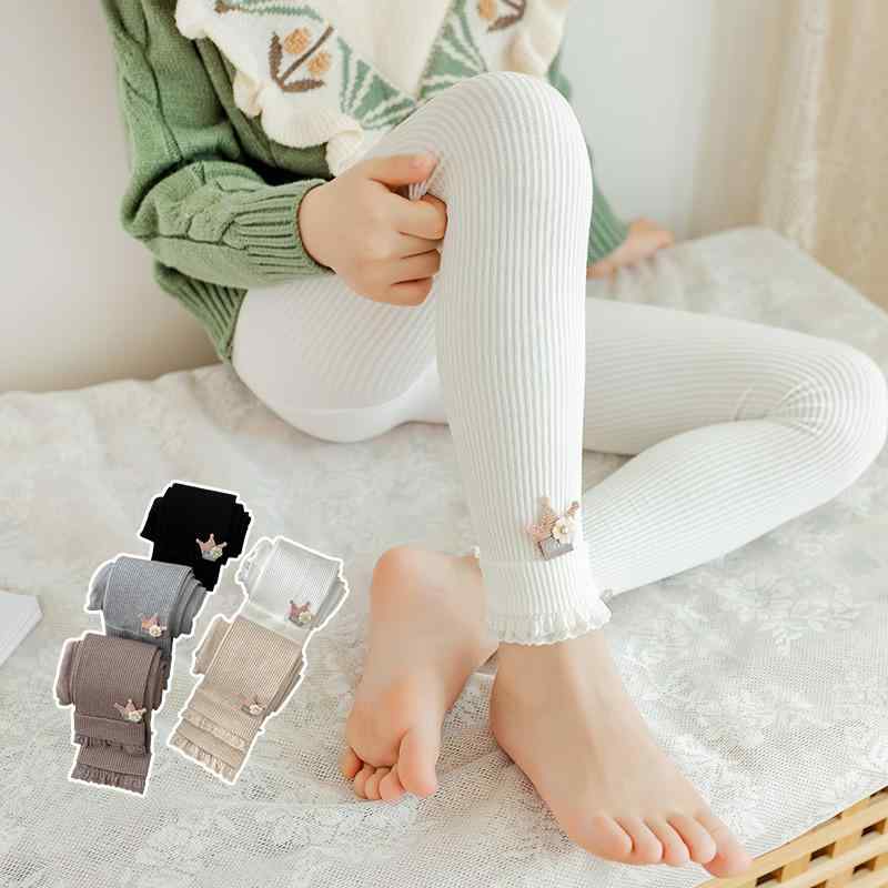 レギンス ガールズ 秋 九分丈パンツ 細ストライプ クラウン 花 レース 綿 コットン ミドルウエスト 普..