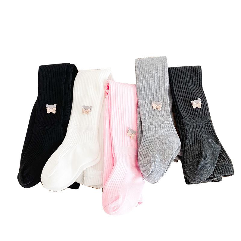 タイツ 女の子 ベビー キッズ 春秋 開閉式 クマ柄 無地 ストライプ 綿 コットン 透湿性 抗菌防臭 快適 普段使い カジュアル かわいい ホワイト ピンク グレー ブラック