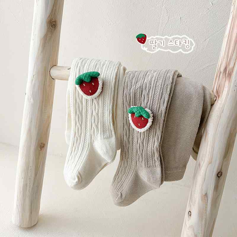 タイツ 女の子 キッズ 女児 綿 コットン 8の字ケーブル編み いちご柄 ジャガード織り 中厚手 通気性 伸縮性 普段使い 外出着 幼児 小学生 ルームウェア 春夏