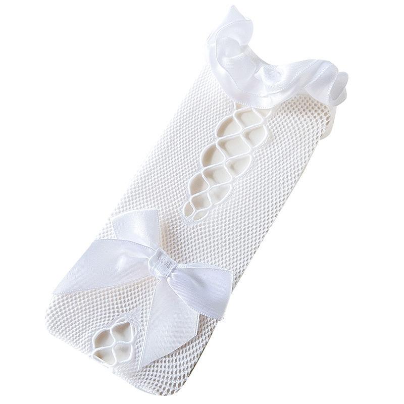 靴下 キッズ 女の子 ガールズ ロリータスタイル ニーハイソックス 透かし編み メッシュ フリル レース ..