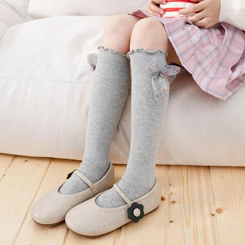 靴下 女の子 キッズ 春夏 綿 コットン ミドル丈 ストライプ 小花柄 リボン フリル クルーソックス 普段..