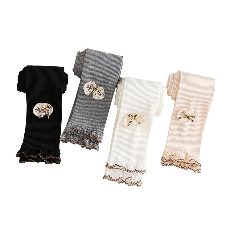 レギンス キッズ 女の子 綿 コットン 縦ストライプ リボン フリル 九分丈 春秋 外出用 普段使い カジュアル ホワイト ベージュ グレー ブラック ベーシックカラー