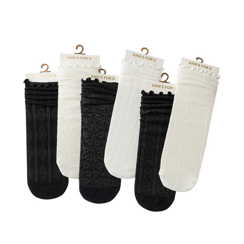 靴下 女の子 キッズ 女児 春夏 中筒丈 クルー丈 薄手 綿 メッシュ フリル かわいい リーフ ドット柄 JK..