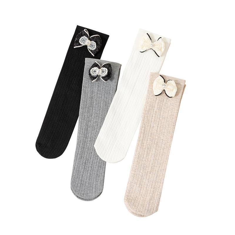 ソックス キッズ 女の子 春秋 ハート柄 縁取りパール 黒白リボン かわいい おしゃれ 綿素材 通気性 ミドル丈 クルーソックス 普段使い お出かけ