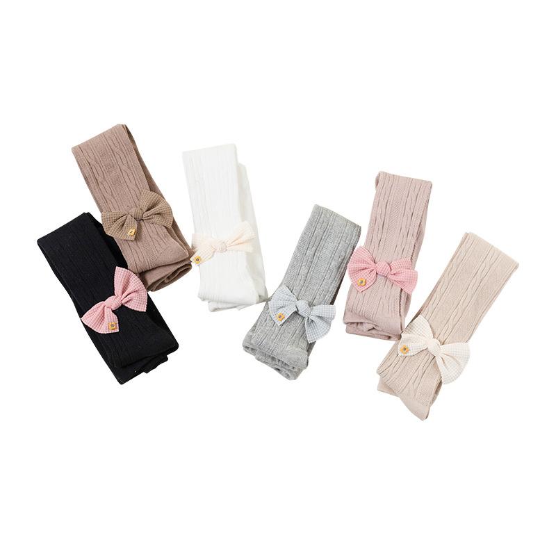 タイツ キッズ 女児 春秋 コットン リネン 菊柄 ワッフル織り リボン 股開き 通気性 中厚手 かわいい ..