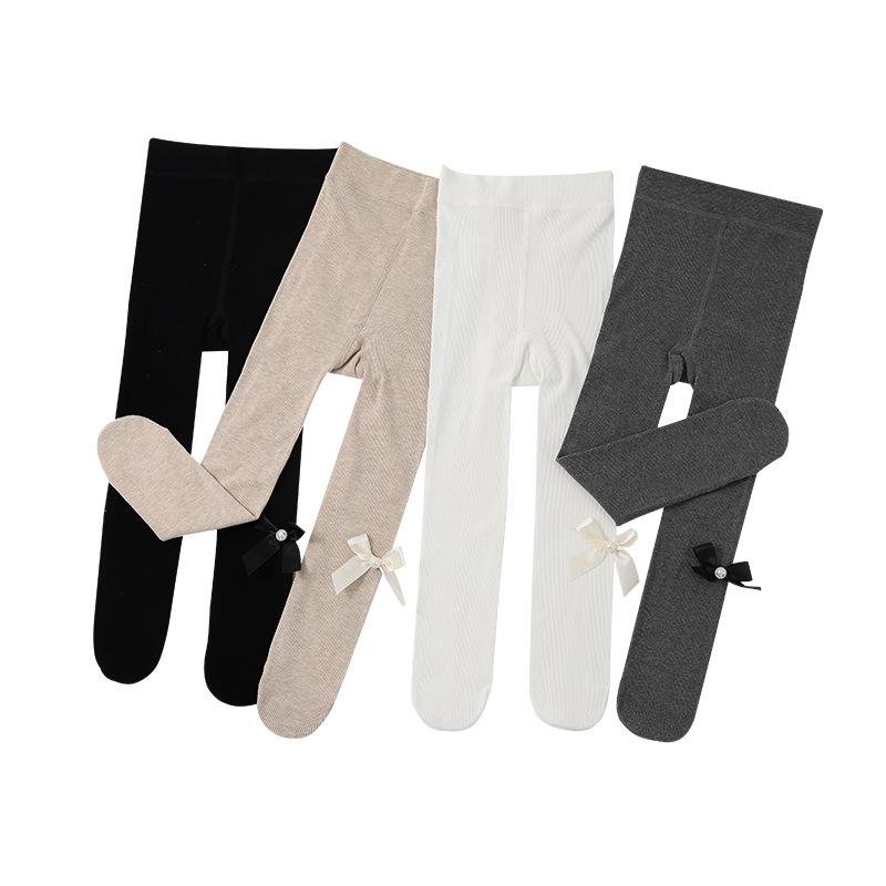 タイツ 女の子 キッズ 子供 ガールズ 春秋 綿 コットン 縦縞 ストライプ パール リボン 蝶結び ジャガード織り 毛玉防止 通気性 中厚手 伸縮性 快適 普段使い お出かけ