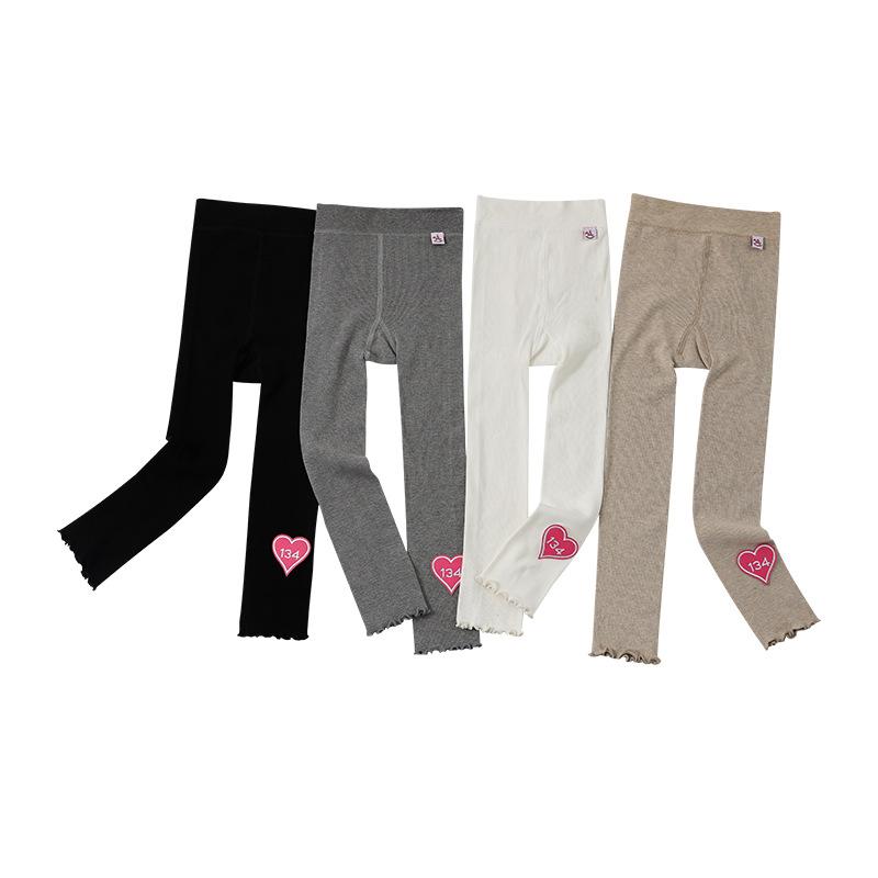 パンツ 女の子 キッズ 綿 縦縞 ストライプ ハートワッペン 九分丈 クロップド レギンス スパッツ ゴム..