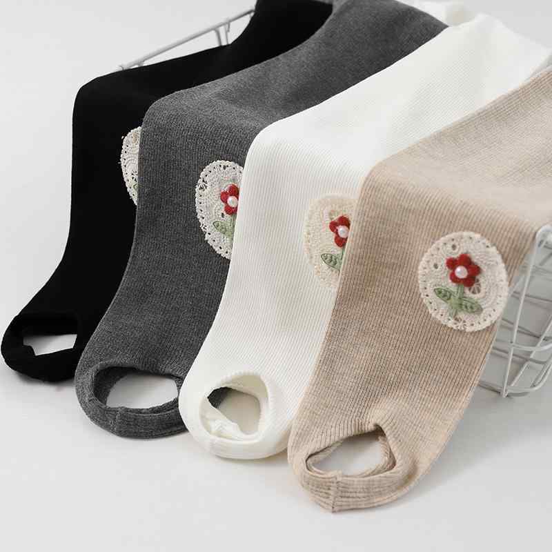 タイツ 女の子 キッズ 春秋 綿 コットン 細ストライプ柄 布製アップリケ トレンカ レギンス 毛玉防止 ..