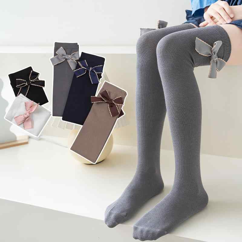 ソックス キッズ 女の子 綿 毛玉防止 金縁 リボン オーバーニーソックス ハイソックス 通気性 かわいい おしゃれ 春秋 白 グレー 黒 ブラウン ネイビー