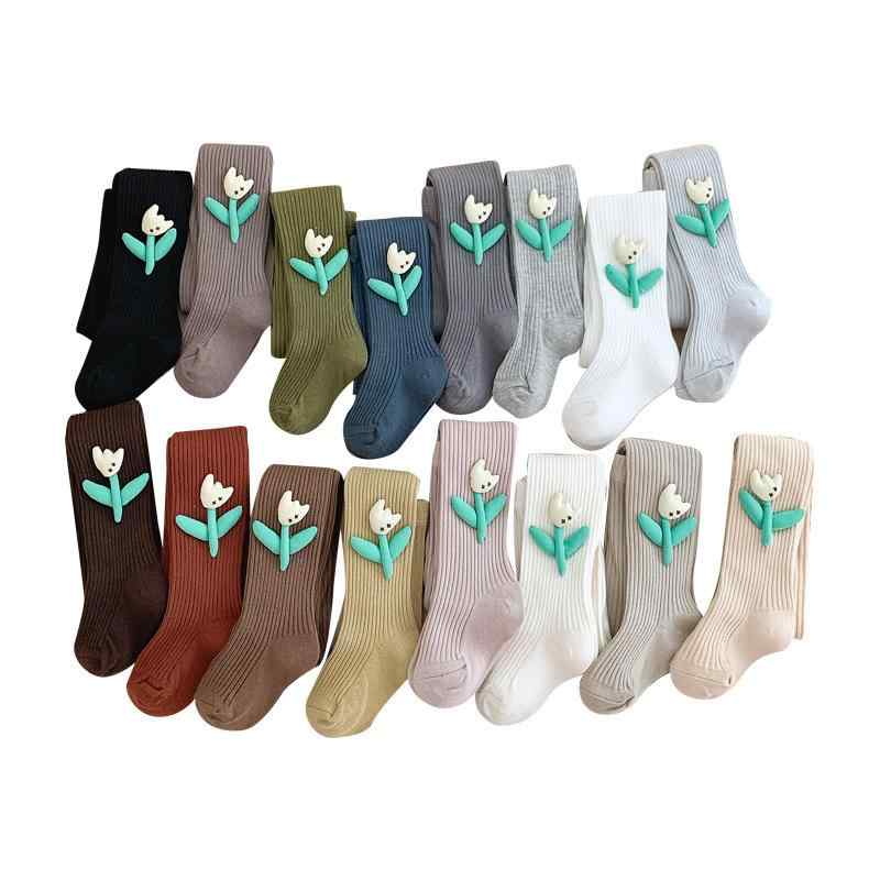 タイツ 女の子 キッズ 子供 春秋 綿 コットン 縦ストライプ チューリップ柄 キャンディカラー カラフル..