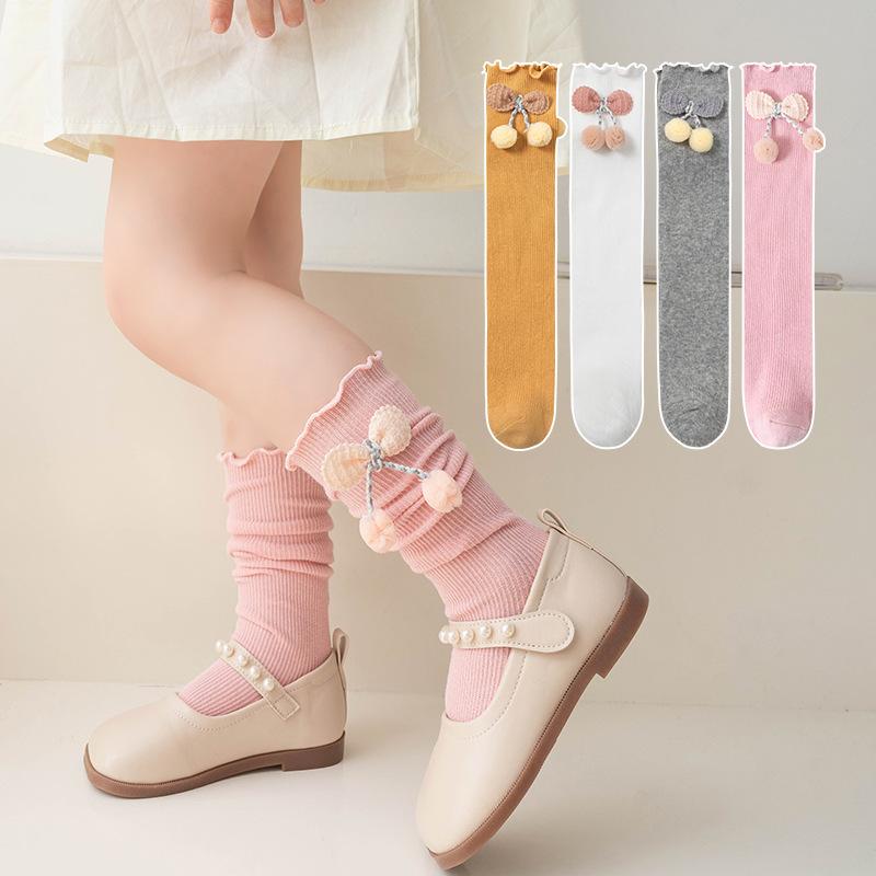 靴下 女の子 キッズ ポンポン 蝶結び メロウフリル ミドル丈 くしゅくしゅ ガーリー 綿素材 通気性 中..