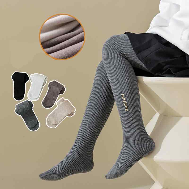 タイツ キッズ 女の子用 レギンス 薄起毛 裏起毛 厚手 保温 防寒 縦縞 ストライプ 箔押しロゴ レーヨン混 通気性 やわらか 3-8歳 100-140cm 通学 普段使い 秋冬 ホワイト グレー ブラック ベージュ カーキ